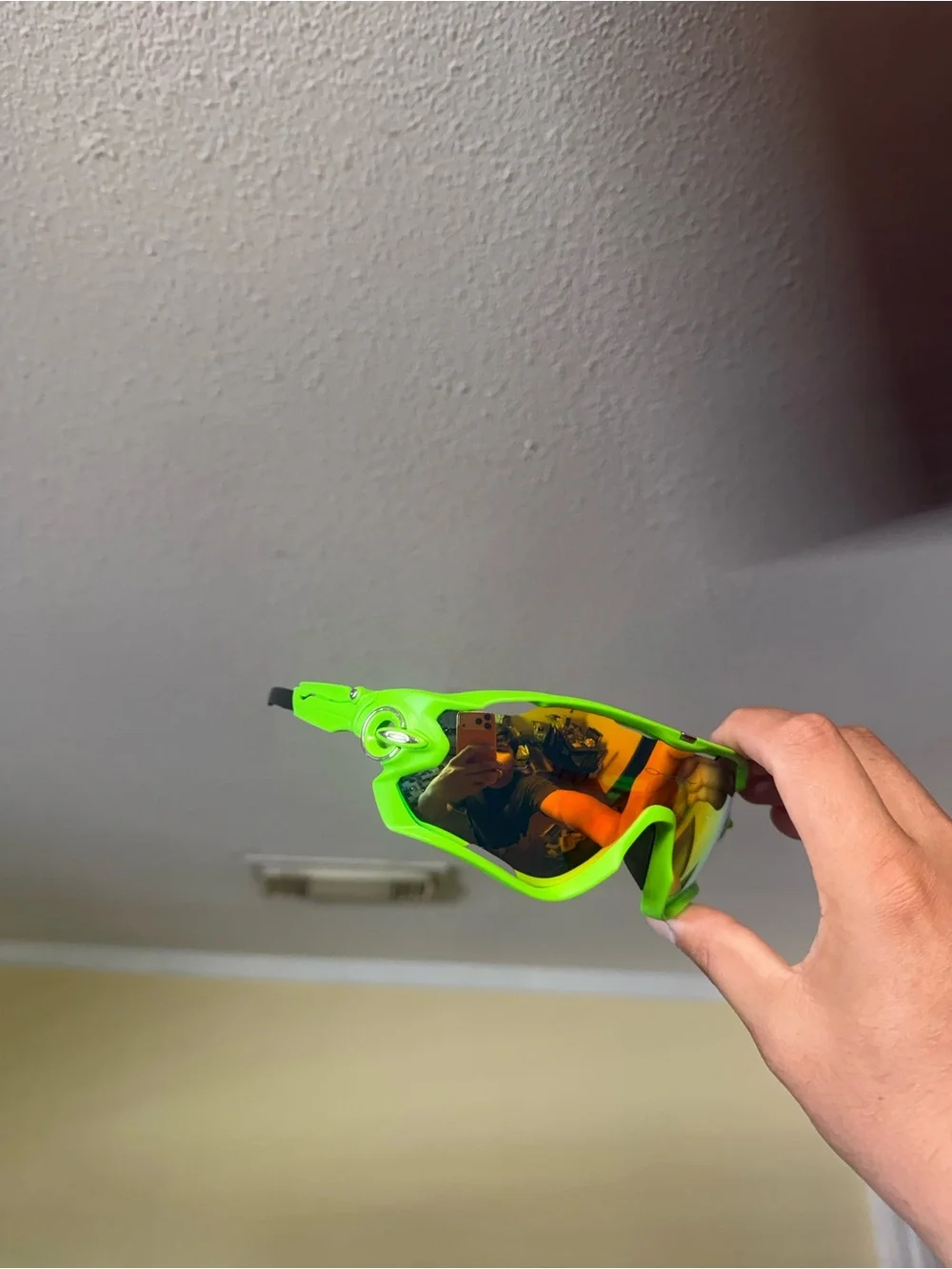 Neon Green Sports Sunglasses with Mirrored Orange Lenses Oakley